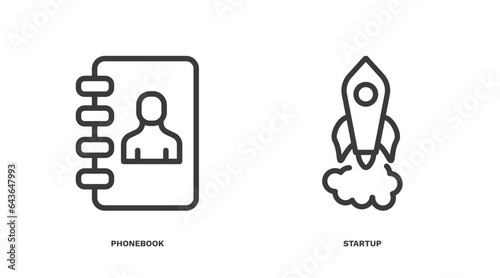 set of strategy thin line icons. strategy outline icons included phonebook, startup vector.