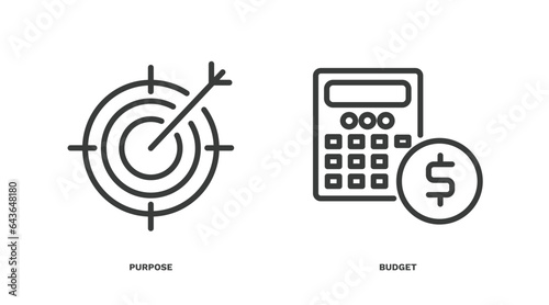 set of startup and strategy thin line icons. startup and strategy outline icons included purpose, budget vector.