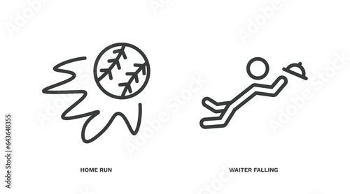 set of sport and games thin line icons. sport and games outline icons included home run, waiter falling vector.
