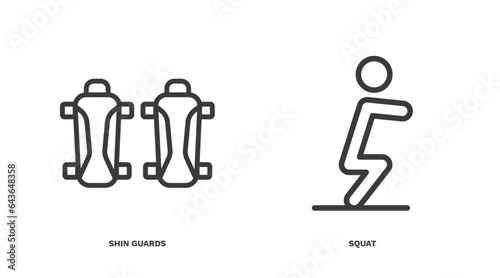 set of sport and games thin line icons. sport and games outline icons included shin guards, squat vector.
