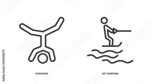 set of sport and games thin line icons. sport and games outline icons included capoeira, jet surfing vector.