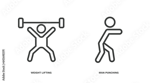 set of sport and games thin line icons. sport and games outline icons included weight lifting, man punching vector.