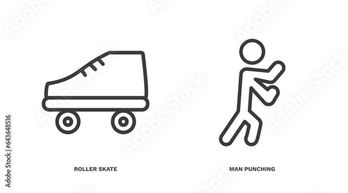set of sport and game thin line icons. sport and game outline icons included roller skate, man punching vector.
