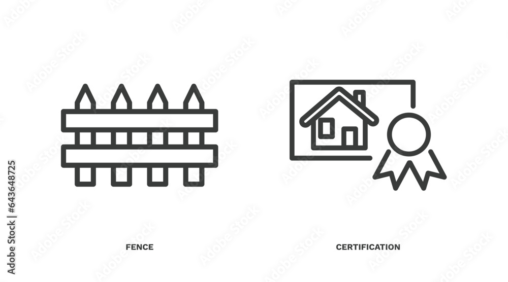 set of real estate industry thin line icons. real estate industry outline icons included fence, certification vector.