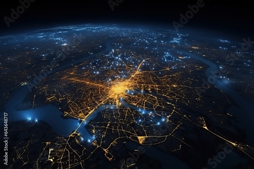 Satellite view of the lights of a large modern city at night. Dependence of large cities on the supply of electricity. #643648717