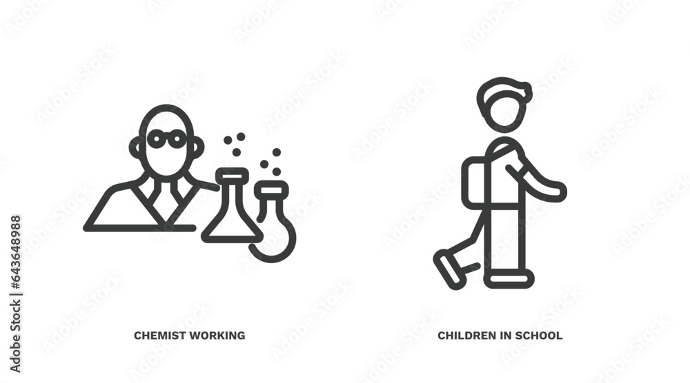 set of people thin line icons. people outline icons included chemist working, children in school vector. set of people thin line icons. people outline icons included chemist working, children in school vector.