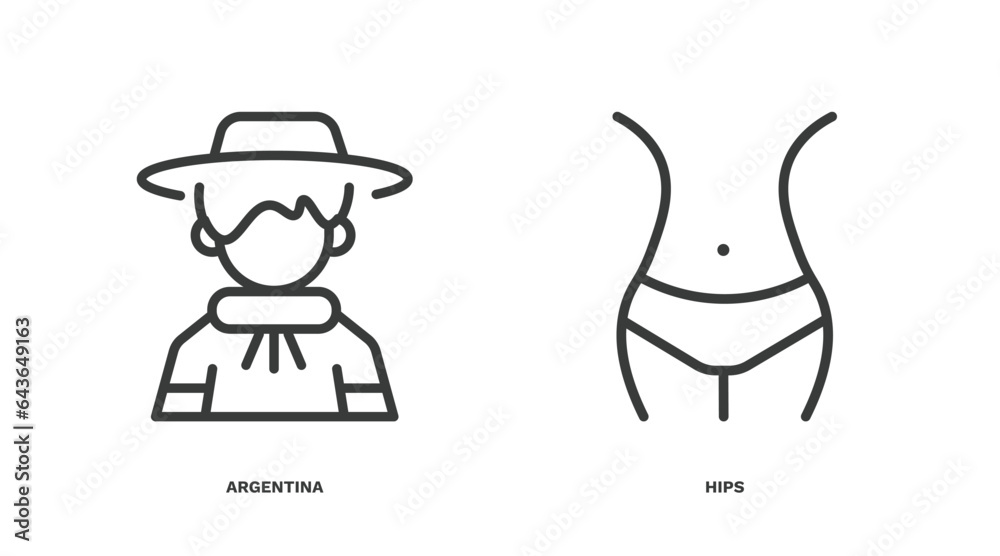 set of people and relation thin line icons. people and relation outline icons included argentina, hips vector.