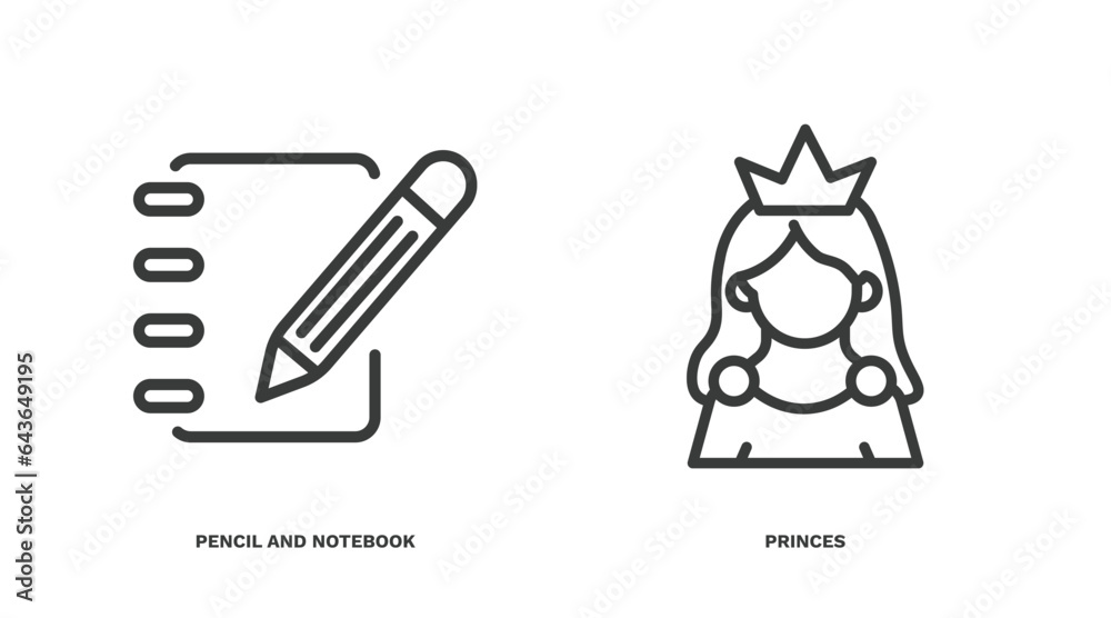 set of people and relation thin line icons. people and relation outline icons included pencil and notebook, princes vector. set of people and relation thin line icons. people and relation outline icons included pencil and notebook, princes vector.