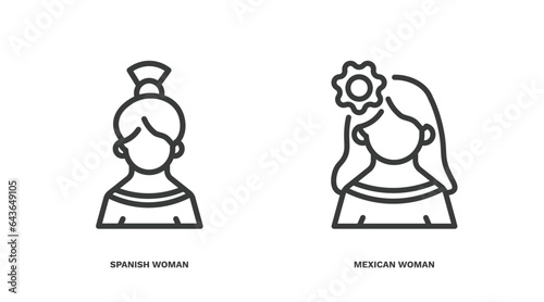 set of people and relation thin line icons. people and relation outline icons included spanish woman, mexican woman vector.