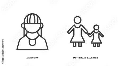 set of people and relation thin line icons. people and relation outline icons included amazonian, mother and daughter vector.