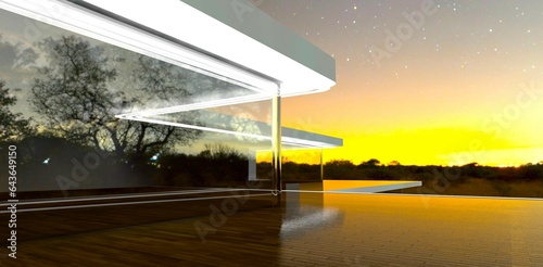 View of the distant sunrise form the decked rooftop terrace of the modern mansion with reflective glass exterior. 3d rendering. photo