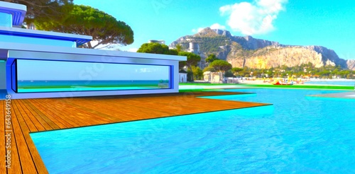 View of the big rock from the decked area near the pool in the yard of the private villa located on the tropical island. 3d rendering. © Oleksandr