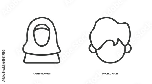 set of people and relation thin line icons. people and relation outline icons included arab woman, facial hair vector.