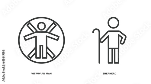 set of people and relation thin line icons. people and relation outline icons included vitruvian man, shepherd vector.