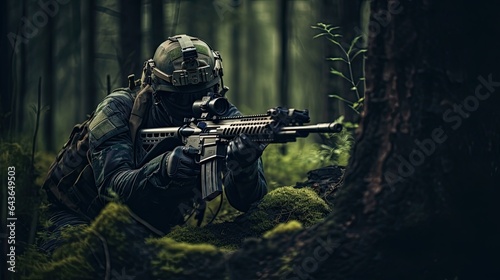 Sniper in ambush in the forest - mercenary soldier in camouflage is aiming at the enemy.