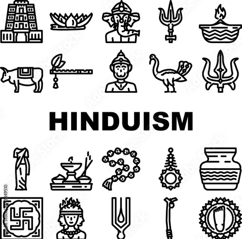 hinduism hindu god om icons set vector. india krishna, sculpture indian, statue lord, vishnu religion, vedic deity hinduism hindu god om black contour illustrations