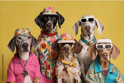 five dogs dressed in bright colored clothes 