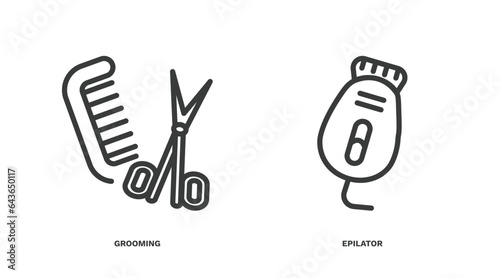 set of hygiene and sanitation thin line icons. hygiene and sanitation outline icons included grooming, epilator vector.