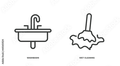 set of hygiene and sanitation thin line icons. hygiene and sanitation outline icons included washbasin, wet cleaning vector.