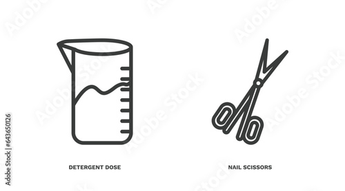 set of hygiene and sanitation thin line icons. hygiene and sanitation outline icons included detergent dose, nail scissors vector.