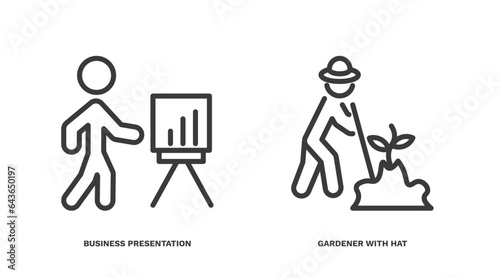 set of humans and behavior thin line icons. humans and behavior outline icons included business presentation, gardener with hat vector.
