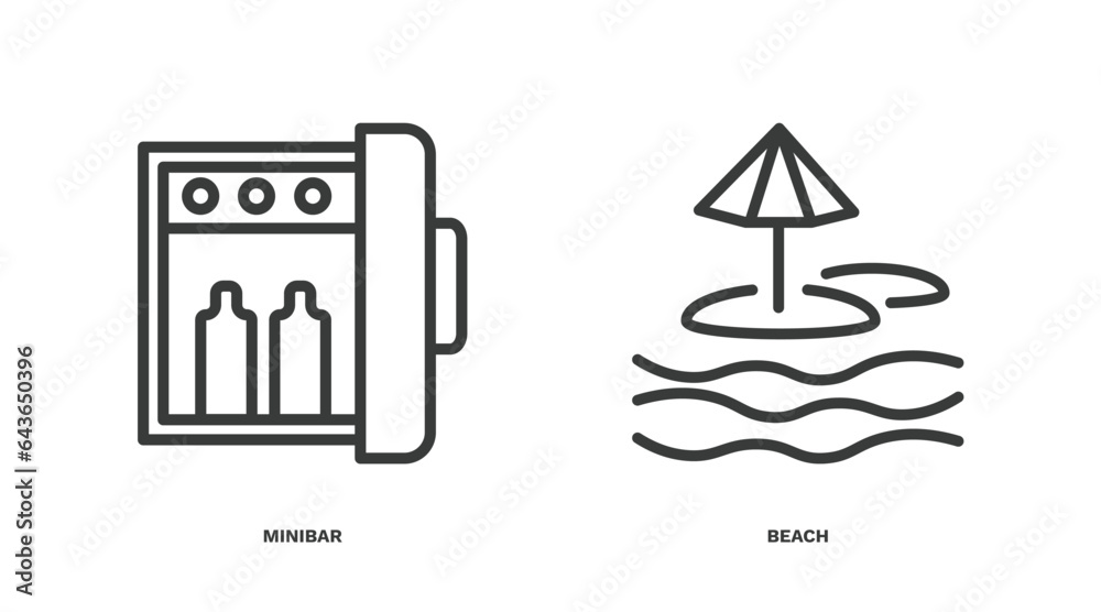 set of hotel and restaurant thin line icons. hotel and restaurant outline icons included minibar, beach vector.