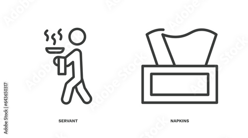 set of hotel and restaurant thin line icons. hotel and restaurant outline icons included servant, napkins vector.