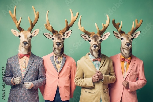 Studio group photo portrait of four five elks dressed in bright colored clothes, created with Generative AI technology © RealPeopleStudio