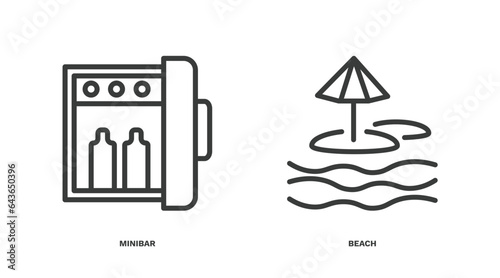 set of hotel and restaurant thin line icons. hotel and restaurant outline icons included minibar, beach vector.