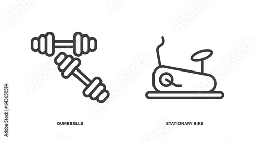 set of health and medical thin line icons. health and medical outline icons included dumbbells, stationary bike vector.