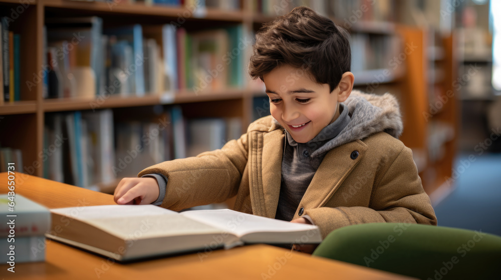 Little boy reading a book in the library Little boy reading a book in the library