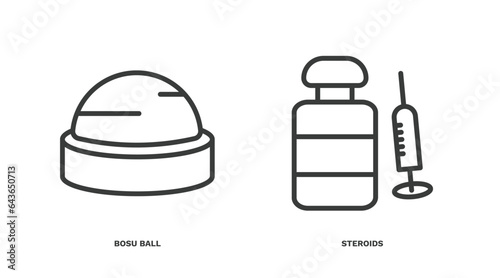 set of fitness and gym thin line icons. fitness and gym outline icons included bosu ball, steroids vector.