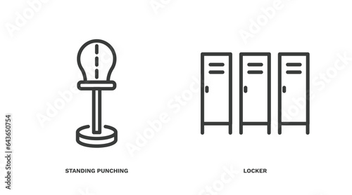 set of fitness and gym thin line icons. fitness and gym outline icons included standing punching ball, locker vector.