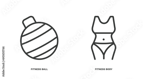 set of fitness and gym thin line icons. fitness and gym outline icons included fitness ball, body vector.