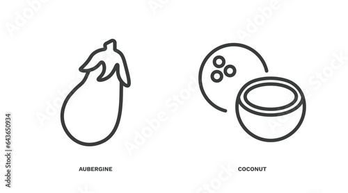 set of vegetables and fruits thin line icons. vegetables and fruits outline icons included aubergine, coconut vector.