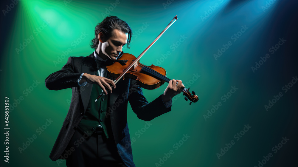 Fototapeta premium Young man playing violin on blue background