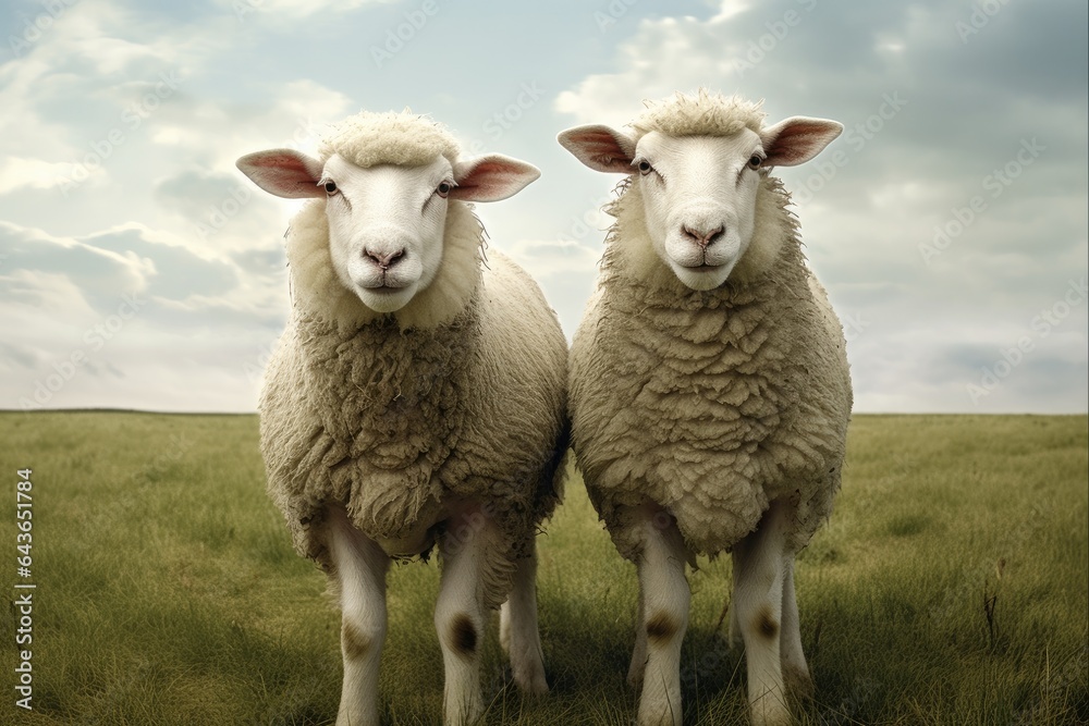 Cloning in Agriculture: Conceptual Image of Two Identical Sheep Standing in a Country Field Cloning in Agriculture: Conceptual Image of Two Identical Sheep Standing in a Country Field