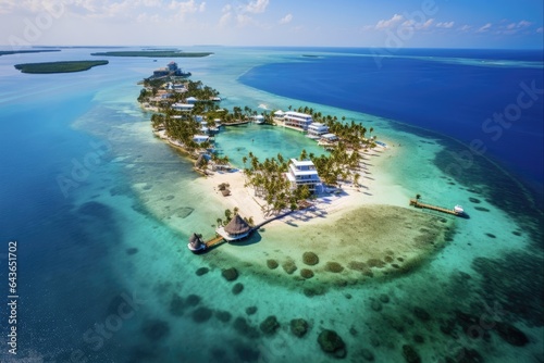 Aerial View of San Pedro Town, Ambergris Caye, Belize. Beautiful Beach and Crystal Blue Waters Stretching to the Horizon photo