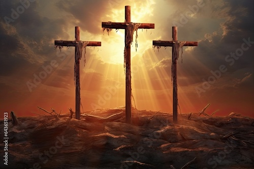 Fototapeta Three Crosses at Sunset - Powerful Christian Symbol of Faith and Redemption