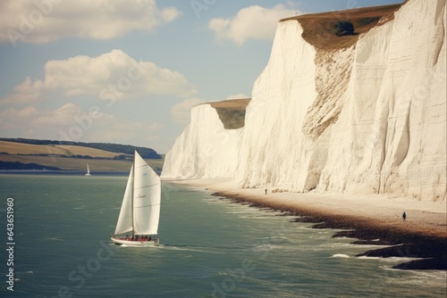 White Cliffs of Dover: Majestic Chalk Cliffs Overlooking the Sea in Kent, England with Boat in View