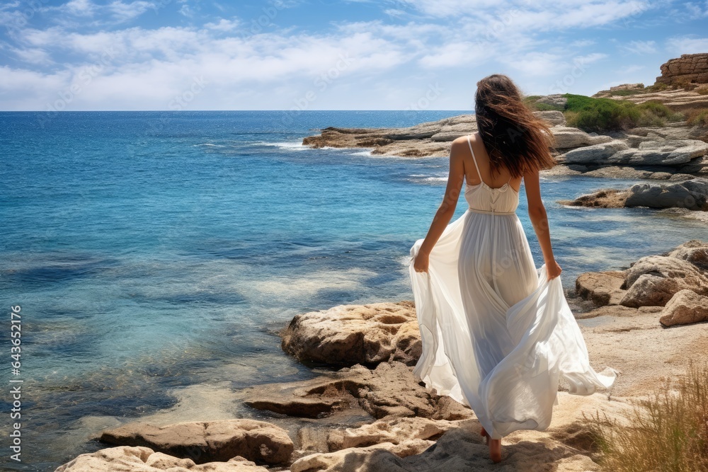 Back view of young woman, dressed in a flowing white dress, walks on the sea Back view of young woman, dressed in a flowing white dress, walks on the sea