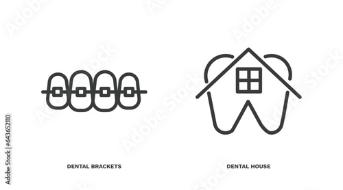 set of dental health thin line icons. dental health outline icons included dental brackets, house vector.