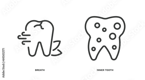 set of dental health thin line icons. dental health outline icons included breath, inner tooth vector.