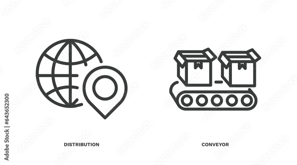 set of delivery and logistics thin line icons. delivery and logistics outline icons included distribution, conveyor vector.