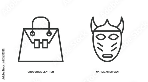 set of culture and civilization thin line icons. culture and civilization outline icons included crocodile leather bag, native american mask vector.