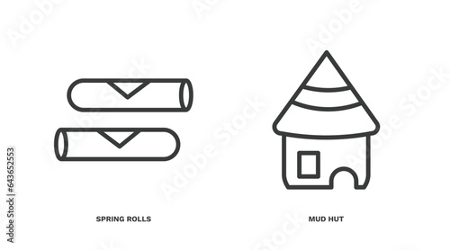 set of culture and civilization thin line icons. culture and civilization outline icons included spring rolls, mud hut vector.