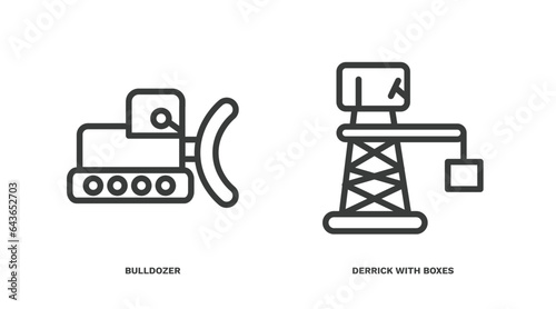 set of construction thin line icons. construction outline icons included bulldozer, derrick with boxes vector.