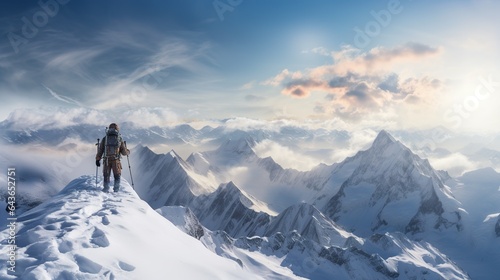 Panorama of Mountaineer standing on top of snowy mountain range travel photo