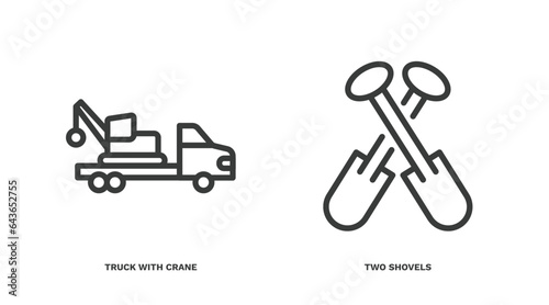 set of construction thin line icons. construction outline icons included truck with crane, two shovels vector.
