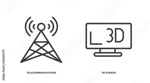 set of computer and tech thin line icons. computer and tech outline icons included telecommunications, 3d screen vector.